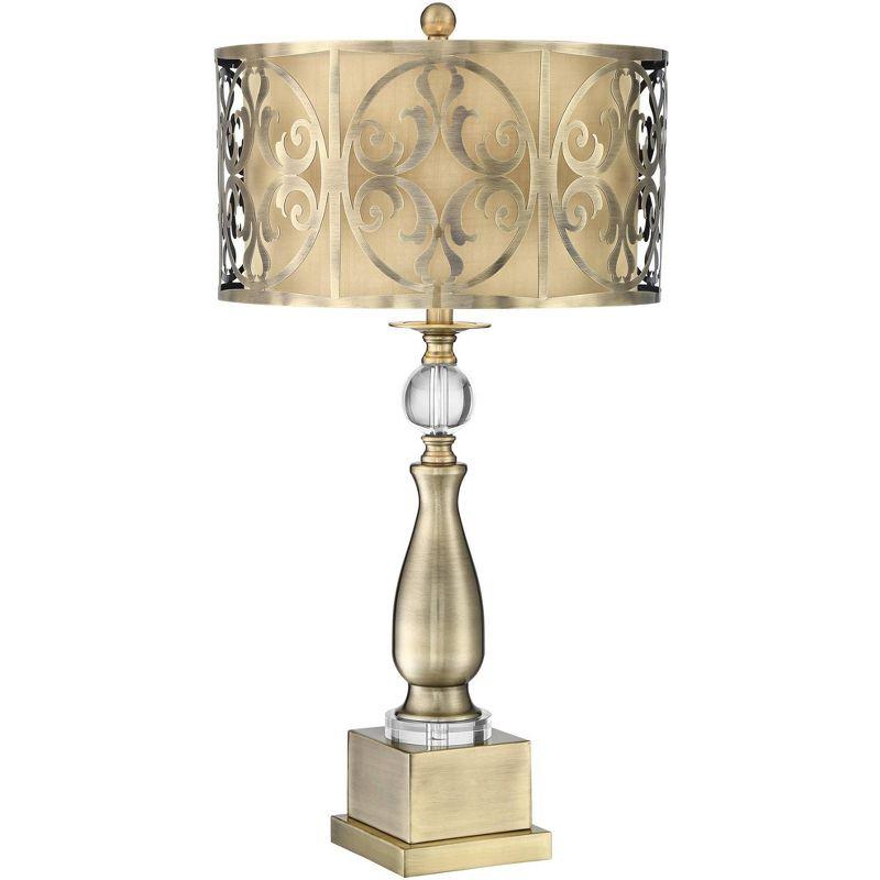 Brass Candlestick Table Lamp with Double Drum Shade