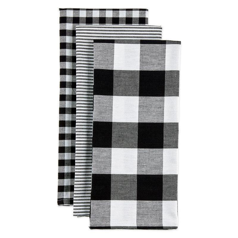 Design Imports  Dishtowel Set Gingham/Buffalo Check 3 Piece, 20X30", Black