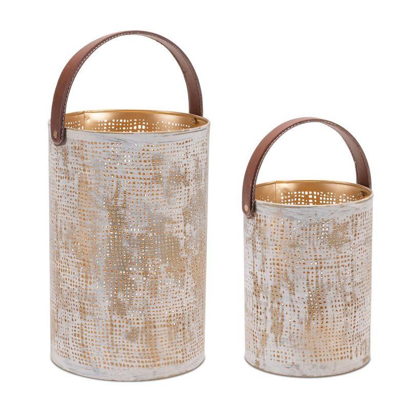 White and Gold Iron Hanging Candle Lantern Set with Leather Handles