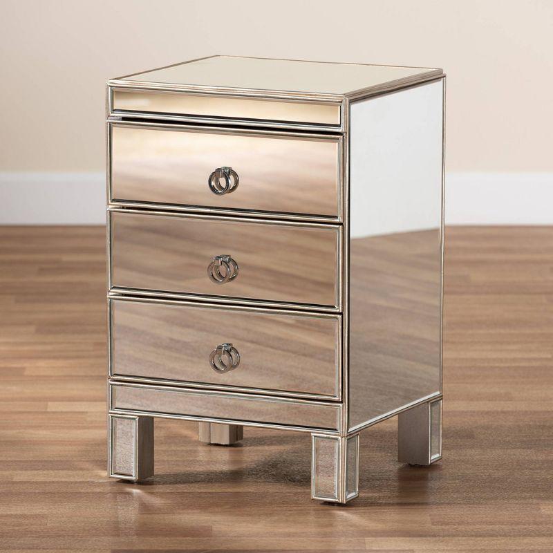 Ewan Mirrored 3 Drawer Nightstand Silver - Baxton Studio: Wood Frame, Reflective Surface, No Assembly Required