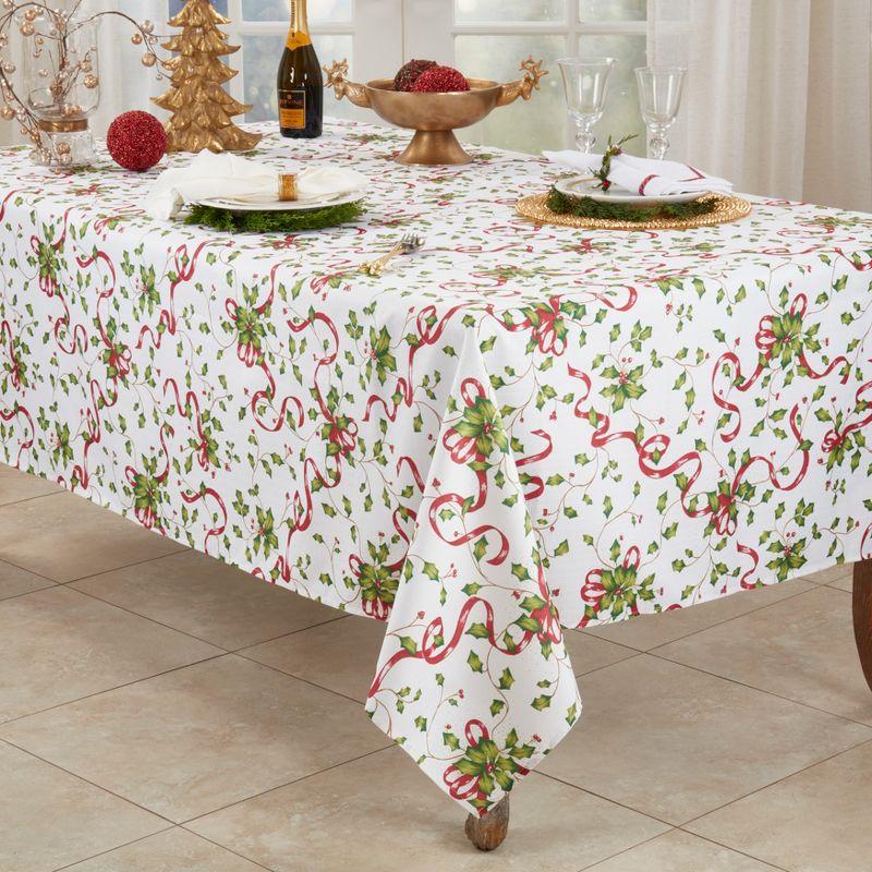 Saro Lifestyle Holly and Ribbon Design Holiday Tablecloth, Multi, 60" x 104"