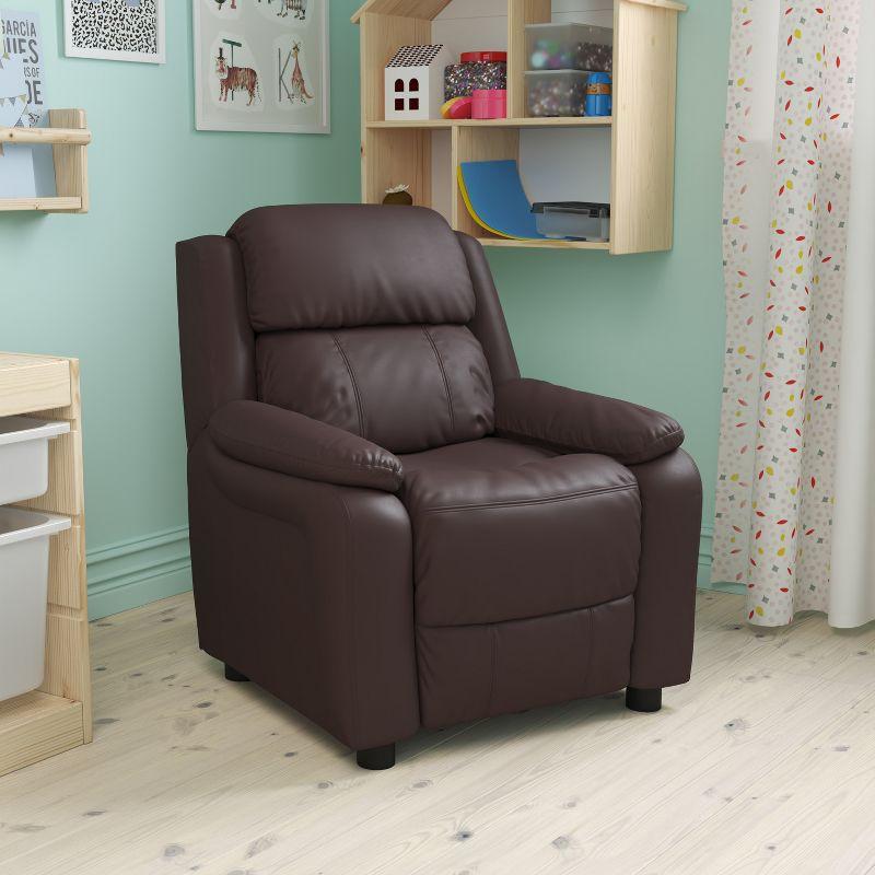 Emma and Oliver Deluxe Padded Brown LeatherSoft Kids Recliner with Storage Arms