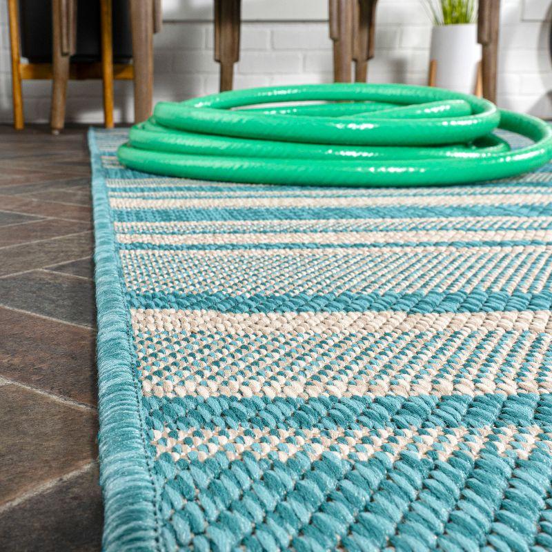 Aqua and Cream Stripe Synthetic 4' x 6' Indoor/Outdoor Rug