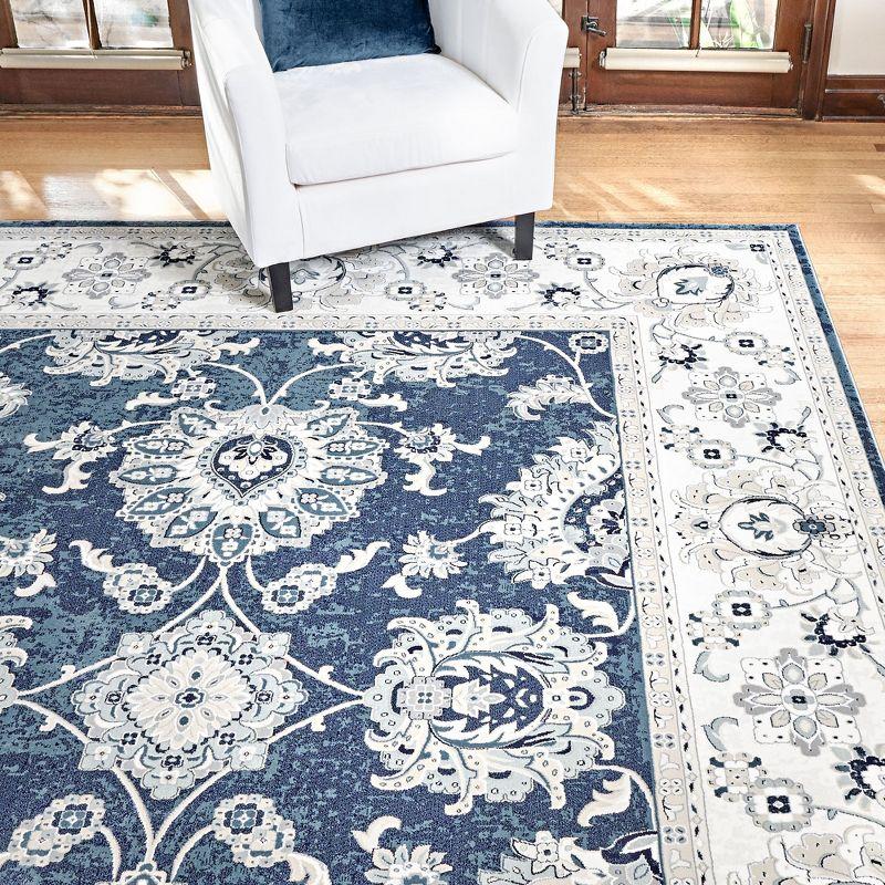 Majestic Moena Navy Blue Traditional Floral Oriental Border Area Rug