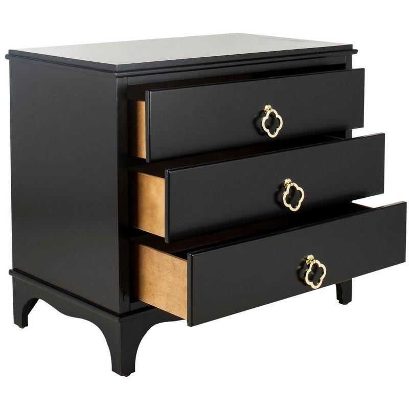 Transitional Black and Gold 3-Drawer Nightstand with Brass Quatrefoil Pulls