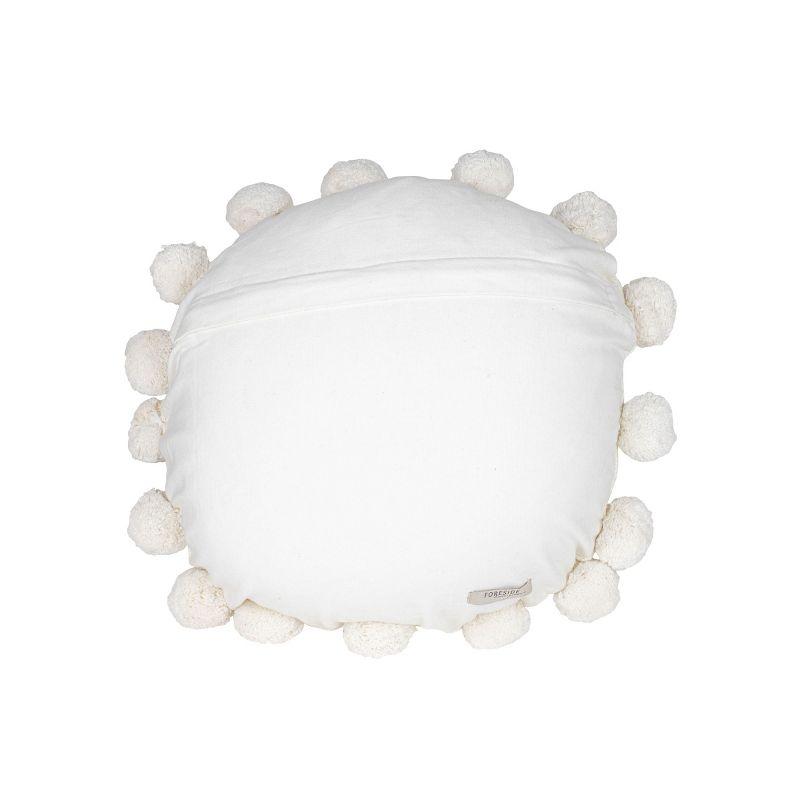 White with Pom Poms 16X16 Hand Woven Filled Round Pillow - Foreside Home & Garden