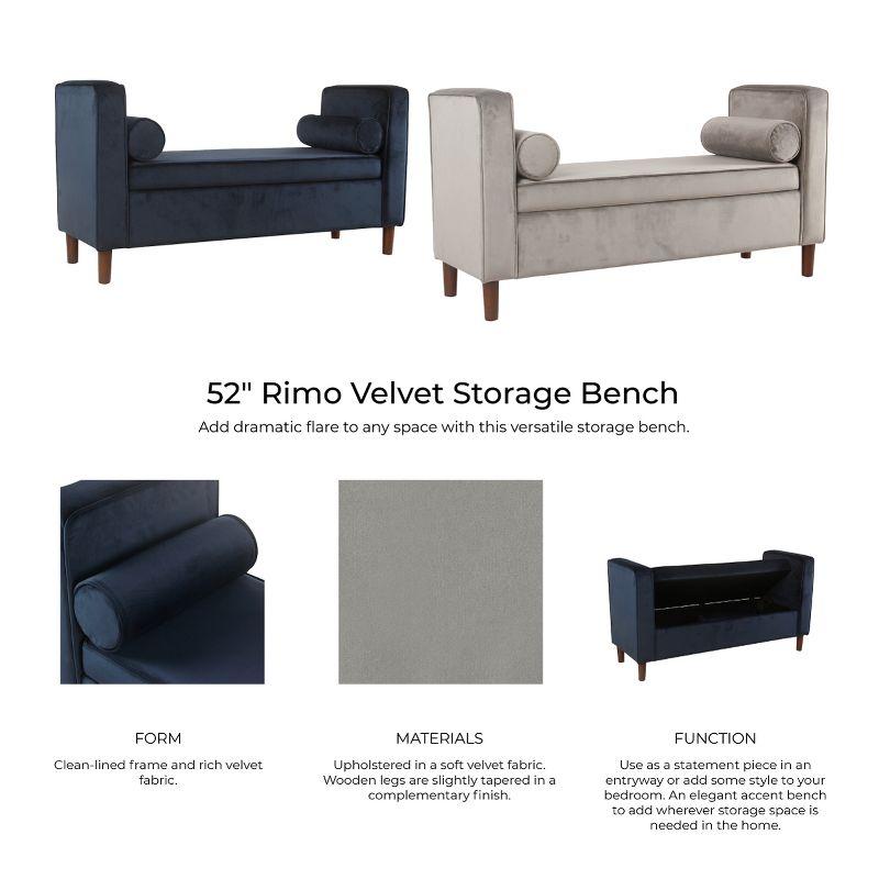 Mid-Century Dark Navy Velvet Storage Bench with Bolster Pillows