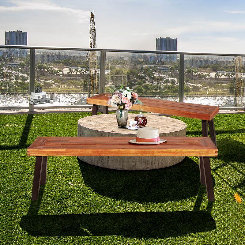 Costway Set of 2 Patio Acacia Wood Dining Bench with Rustic Steel Legs Outdoor Indoor