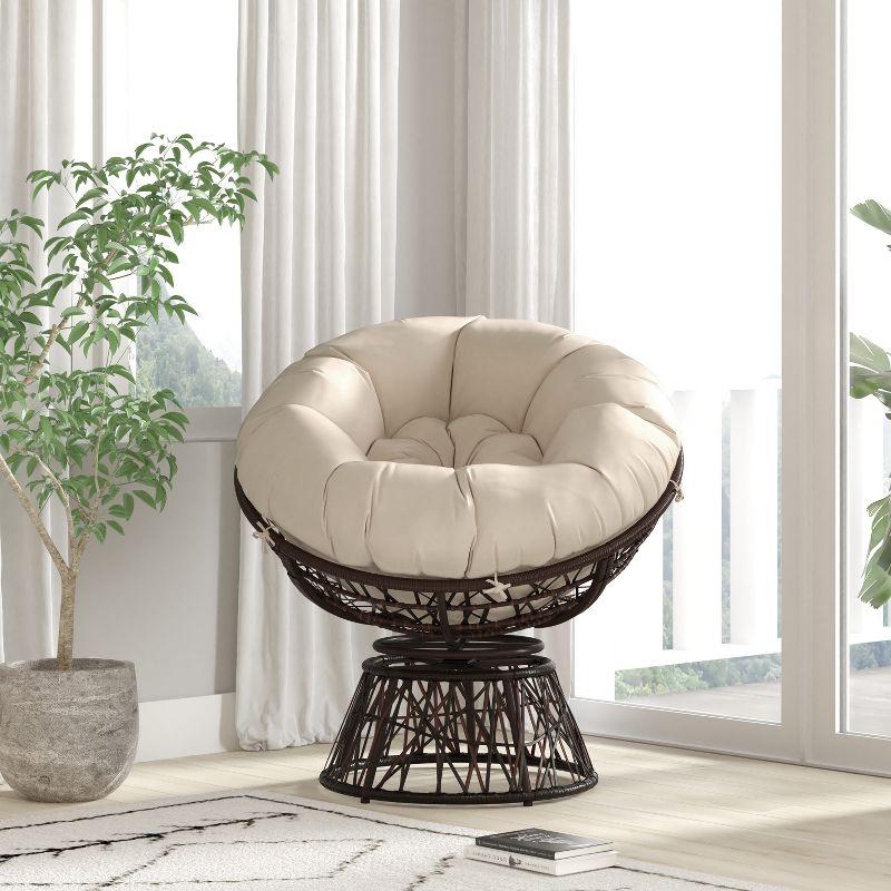 360° Swivel Patio Chair with Beige Cushion and Brown Metal Frame