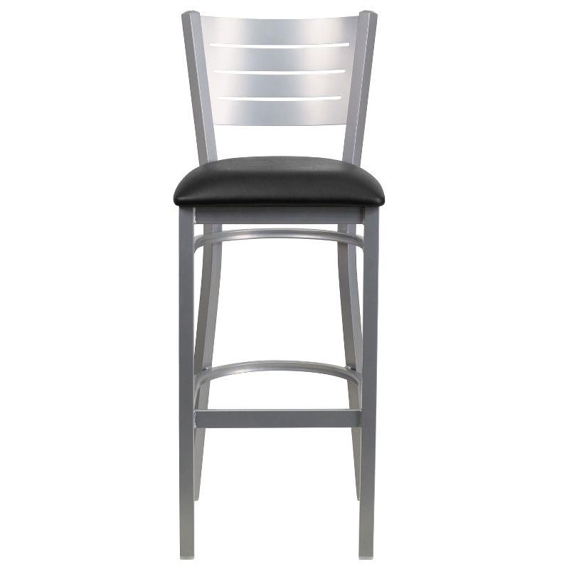 Sleek Silver Slat-Back Barstool with Black Vinyl Seat