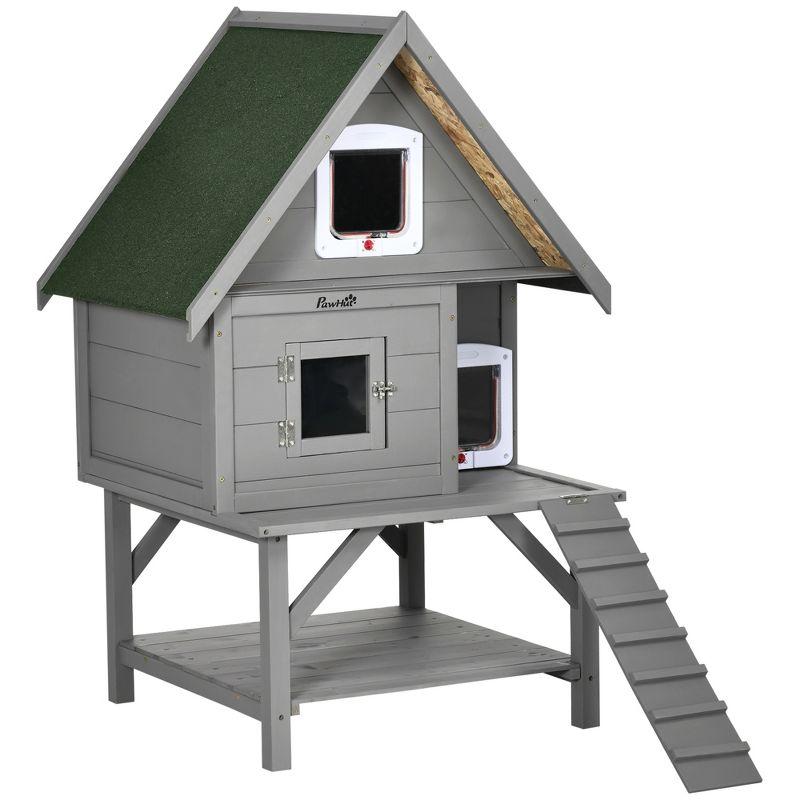 Gray Wooden 3-Story Outdoor Cat House with Weatherproof Roof