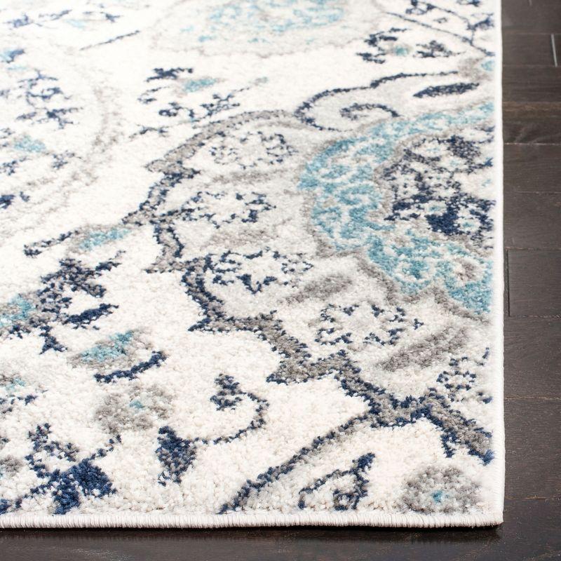 Gray and Blue Floral Motif Synthetic Runner Rug