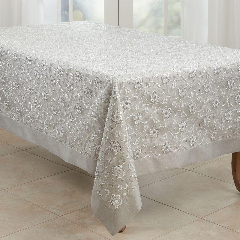 Saro Lifestyle Floral Design Embroidered Tablecloth, Silver, 65" x 120"