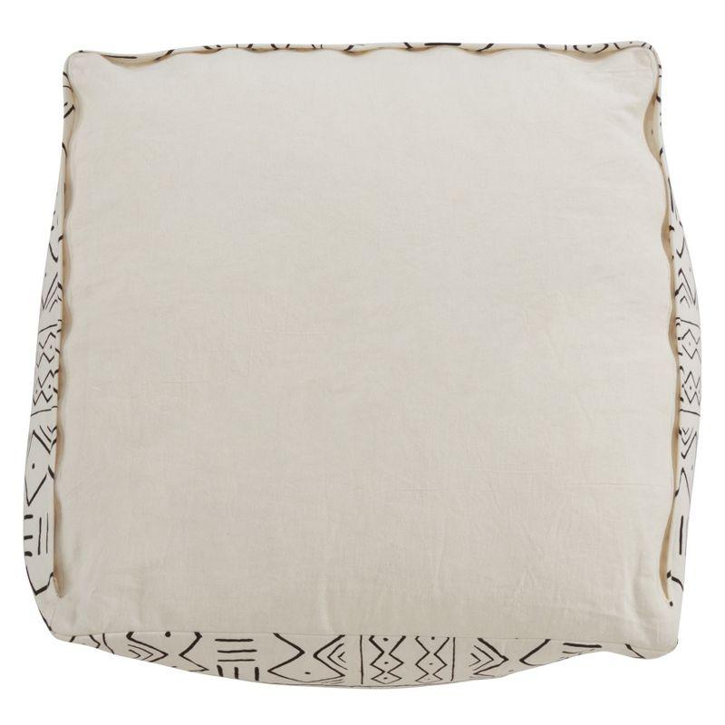 White Cotton Abstract Mudcloth Floor Pouf, 24" x 24" x 16"