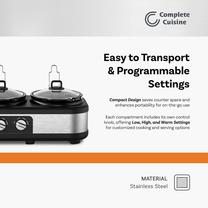 Complete Cuisine Stainless Steel Triple Slow Cooker, Buffet Food Server with Removable Ceramic Pots, Glass Lids for Kitchen, 2.5 Quart, Black/Silver