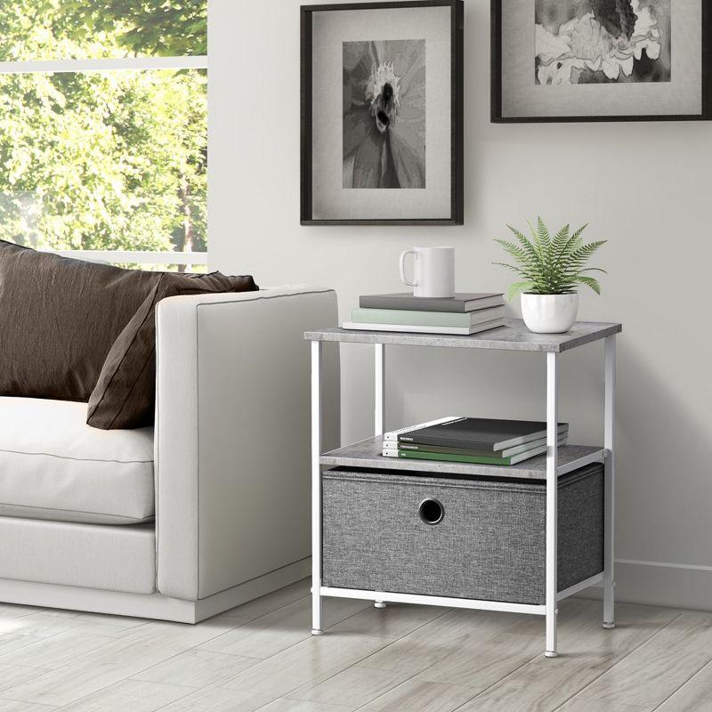 Compact Gray Steel & Wood Nightstand with Fabric Drawer