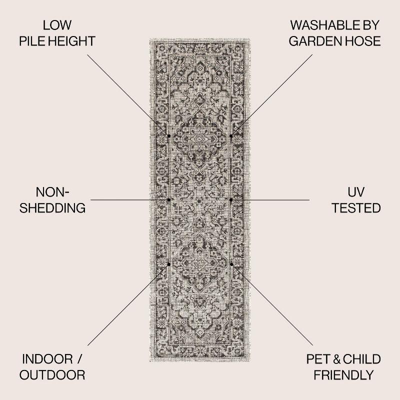 2'x8' Rozetta Boho Medallion Textured Weave Indoor/Outdoor Runner Rug, Gray/Black - JONATHAN Y