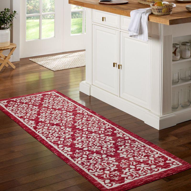 Red and White Tufted Medallion Washable Runner Rug 24" x 72"