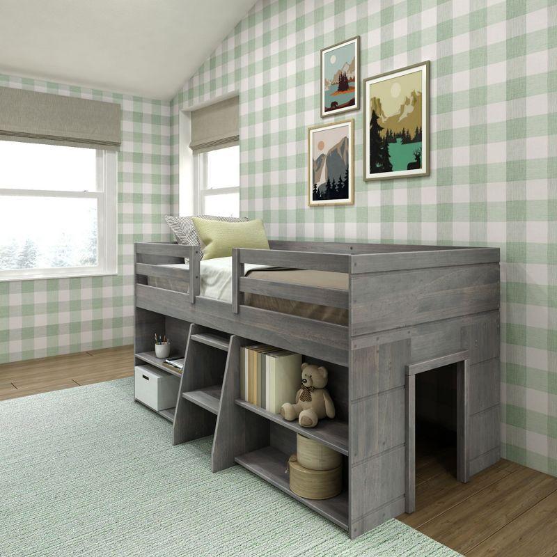 Max & Lily Solid Wood Modern Farmhouse Low Loft Bed, Twin Bed Frame for Kids with 2 Bookcases