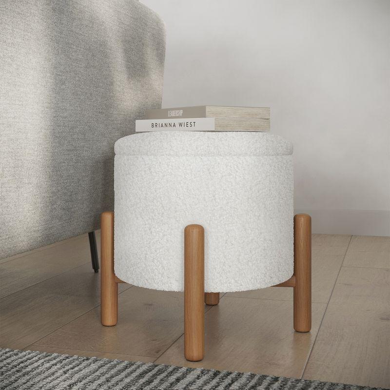 White Sherpa Plush Round Storage Ottoman with Padded Lid