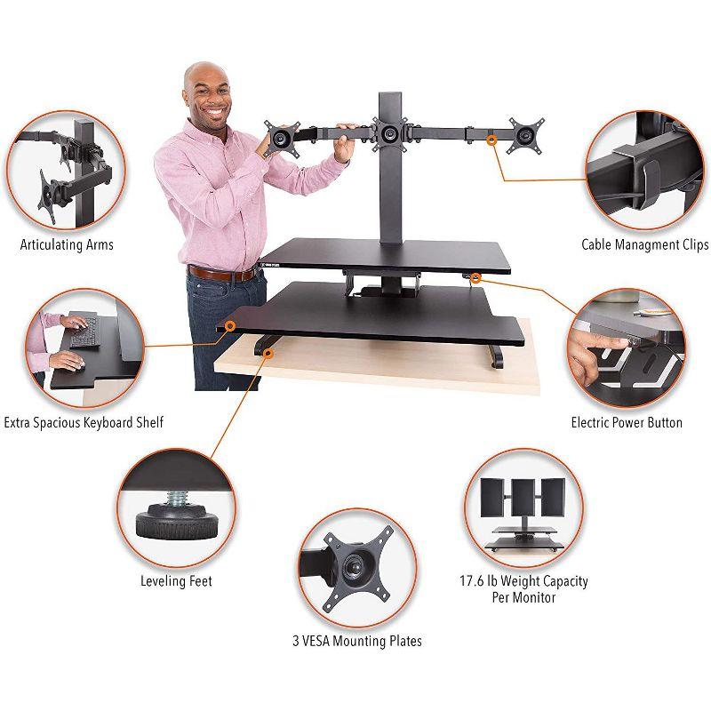 Techtonic Electric 3 Arm Monitor Mount Standing Desk - Sit to Stand Desk Converter with Keyboard Tray – Black – Stand Steady