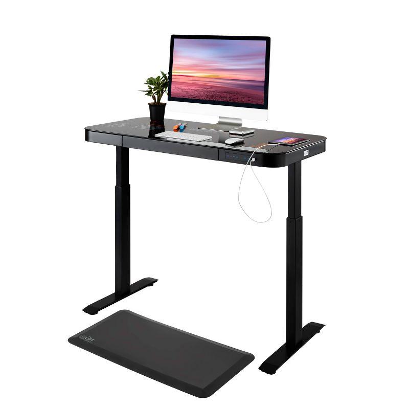 Black Adjustable Height Glass Standing Desk with USB Port and Drawer