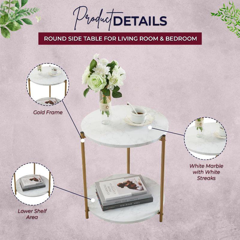 Kings Brand Furniture - Side End Table with White Faux Marble Storage Shelves & Gold Metal Frame