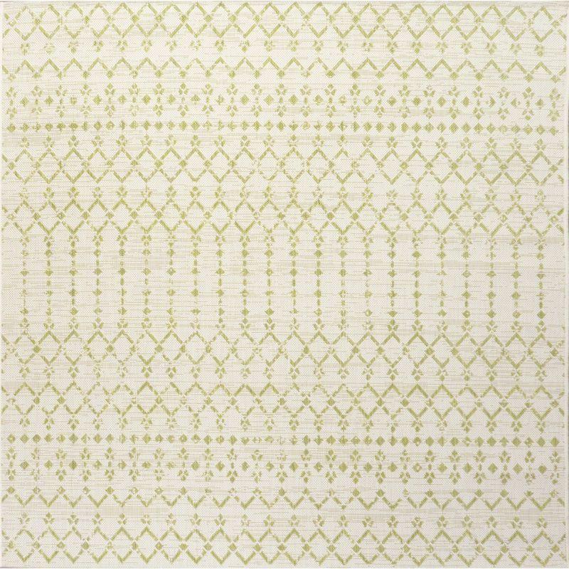 5' x 5' Ourika Moroccan Geometric Textured Weave Indoor/Outdoor Area Rug, Cream/Green - JONATHAN Y