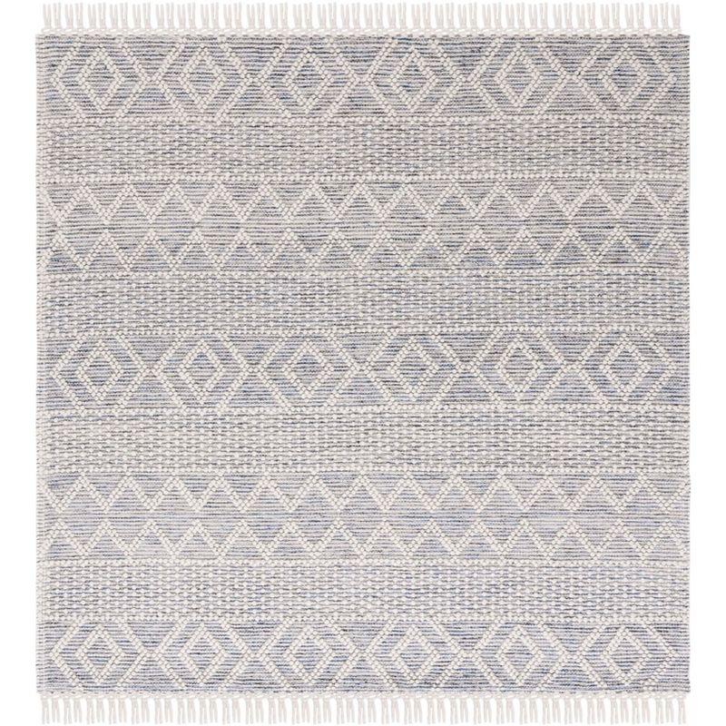 Ivory and Blue Hand-Knotted Wool Cotton Square Rug