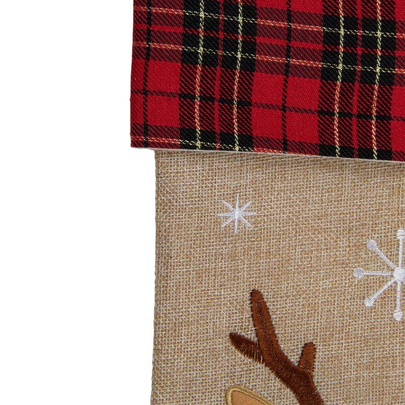 Northlight 19" Burlap Plaid Whimsical Reindeer Waiving Christmas Stocking