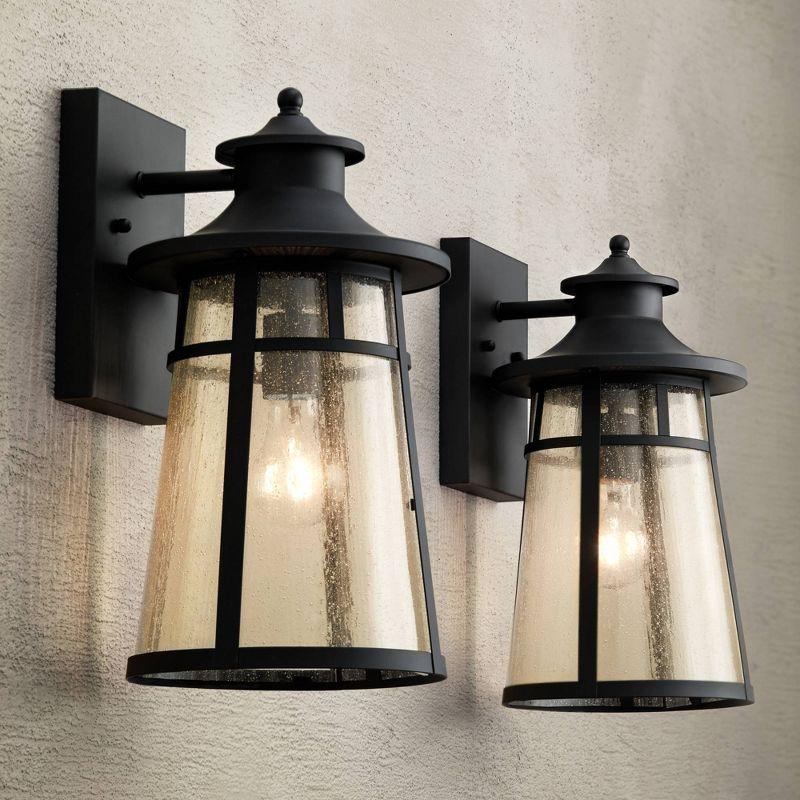 John Timberland Clement Mission Outdoor Wall Light Fixtures Set of 2 Cast Iron Black 15" Clear Seedy Glass for Post Exterior Barn Deck House Porch