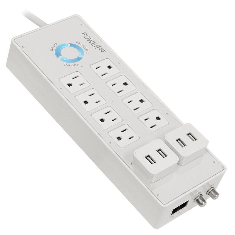 White 8-Outlet Power Strip with USB and Data Line Protection