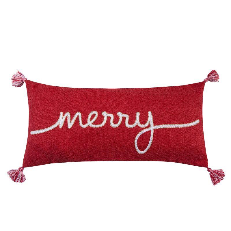 Red Embroidered Merry Rectangular Throw Pillow with Tassels