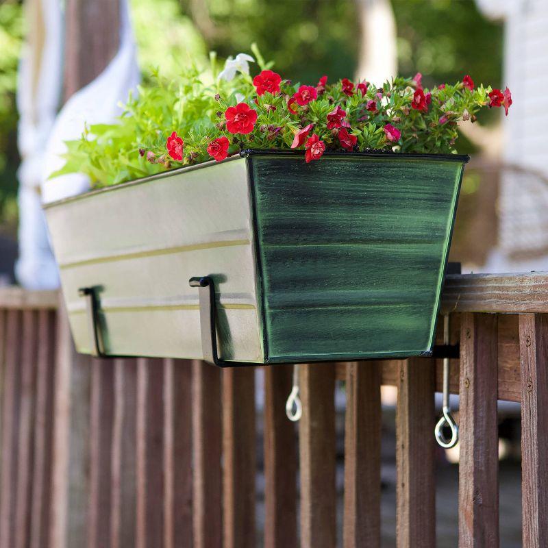 ACHLA Designs 24" Wide Rectangular Flower Box Galvanized Steel with Black Wrought Iron Clamp-On Brackets Green Patina