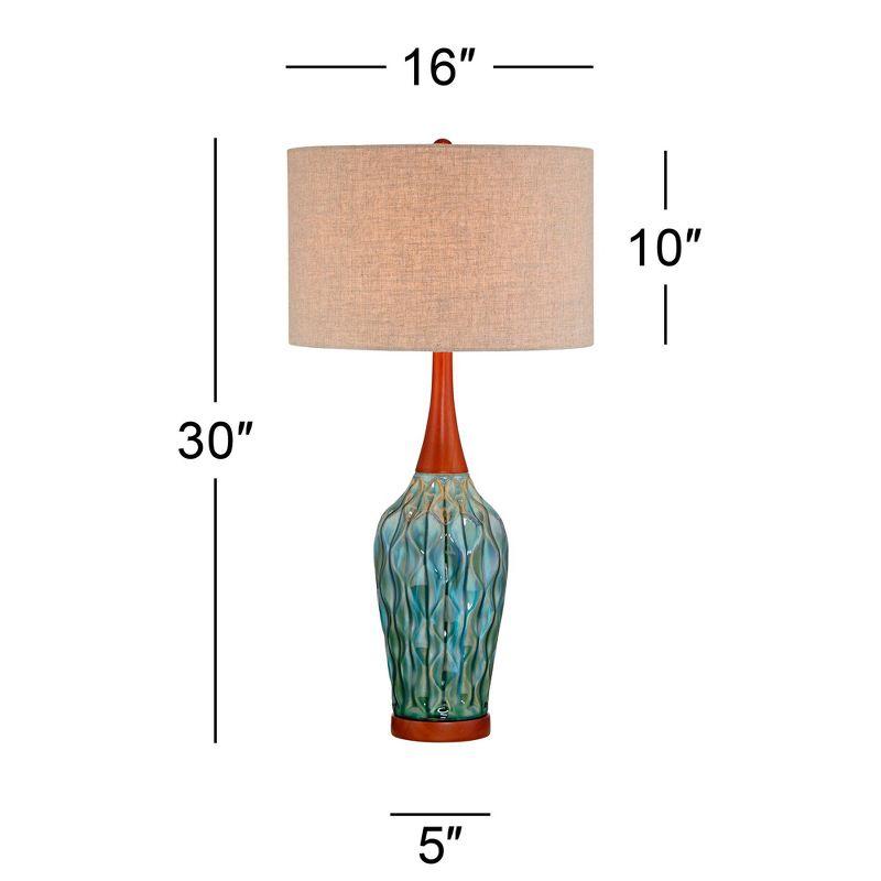 360 Lighting Rocco Modern Mid Century Table Lamps 30" Tall Set of 2 Blue Teal Glaze Ceramic Linen Drum Shade for Bedroom Living Room Nightstand Home