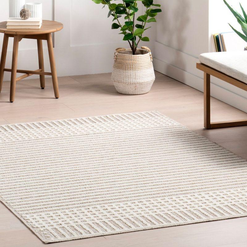 Nuloom Yulia Geometric Bands Pet Friendly Machine Washable Area Rug, Round 8', Light Grey