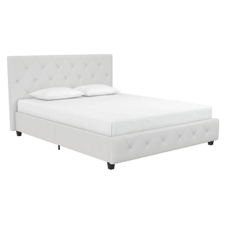 Queen White Faux Leather Tufted Upholstered Bed with Slats