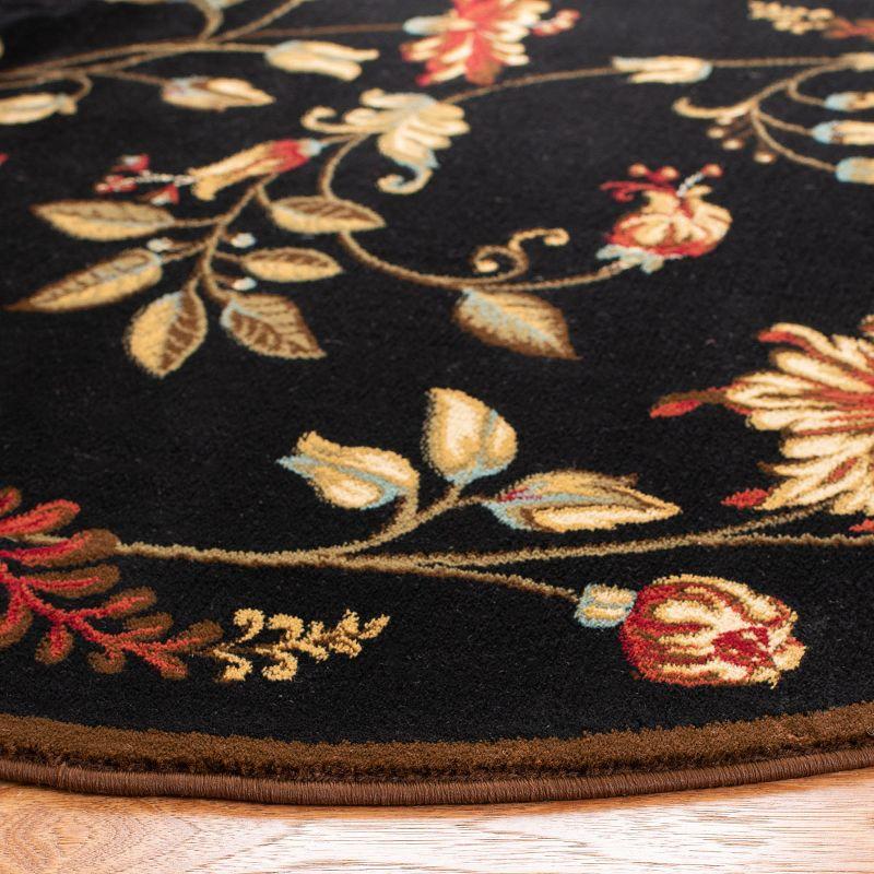 Round Black Floral Synthetic Easy Care Area Rug