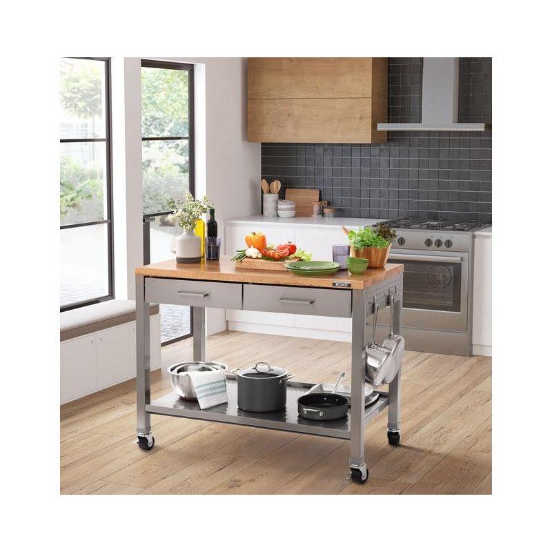 48'' Wide Stainless Steel Kitchen Rolling Cart Island with Solid Wood Top