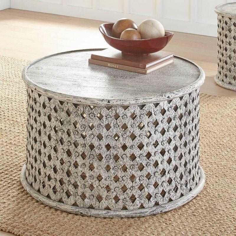 Samir Transitional Rustic Round Cocktail Table in Gray Cream