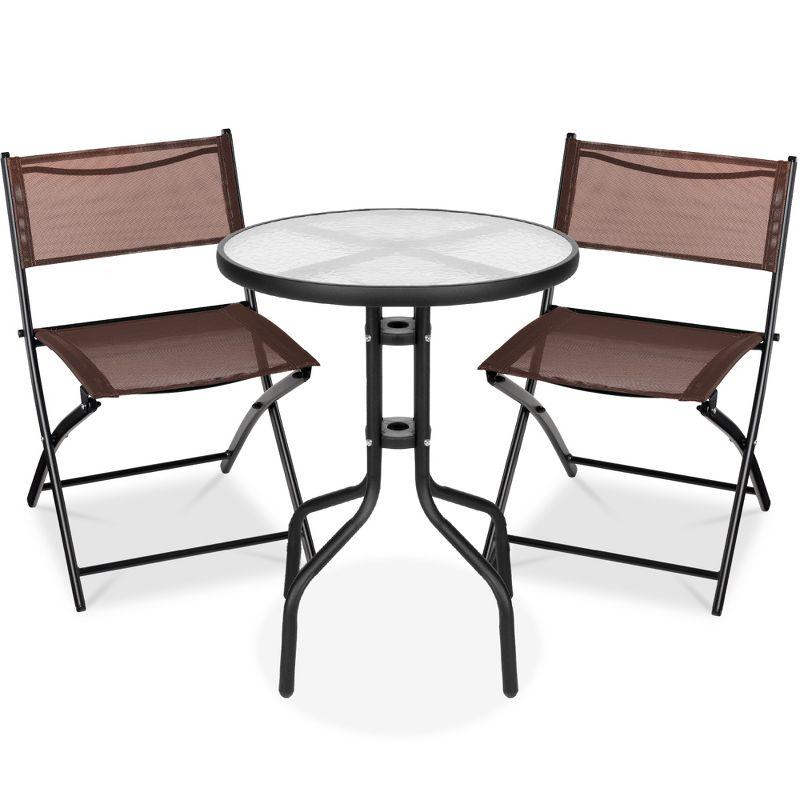 George Oliver 3-Piece Patio Bistro Dining Furniture Set W/ Glass Tabletop, Folding Chairs