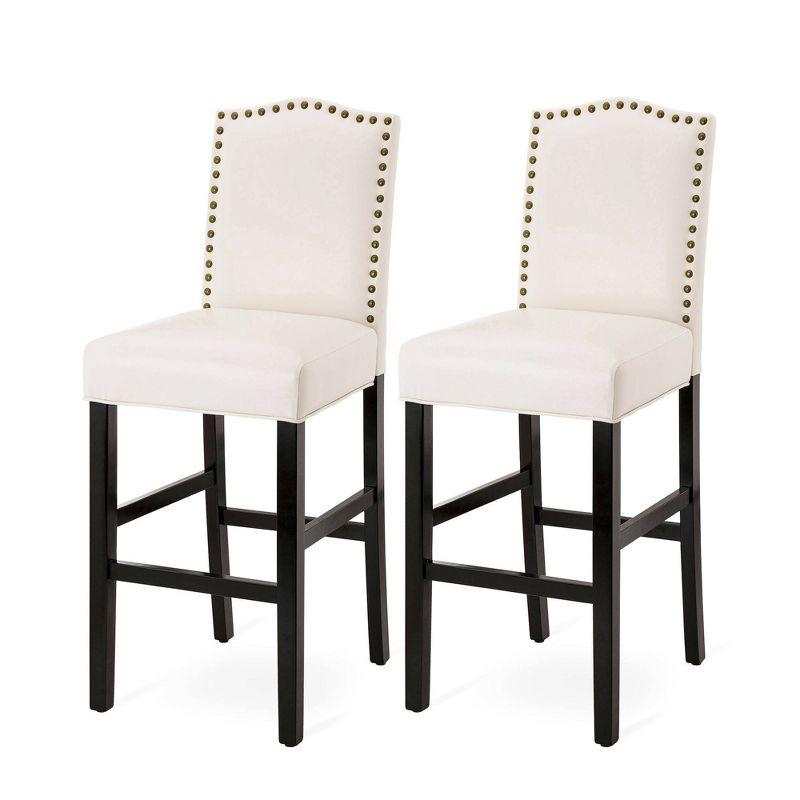 Set of 2 Leatherette PU Barstools with Studded Decor Off White - Glitzhome: Rubberwood Frame, Footrest, Modern Style