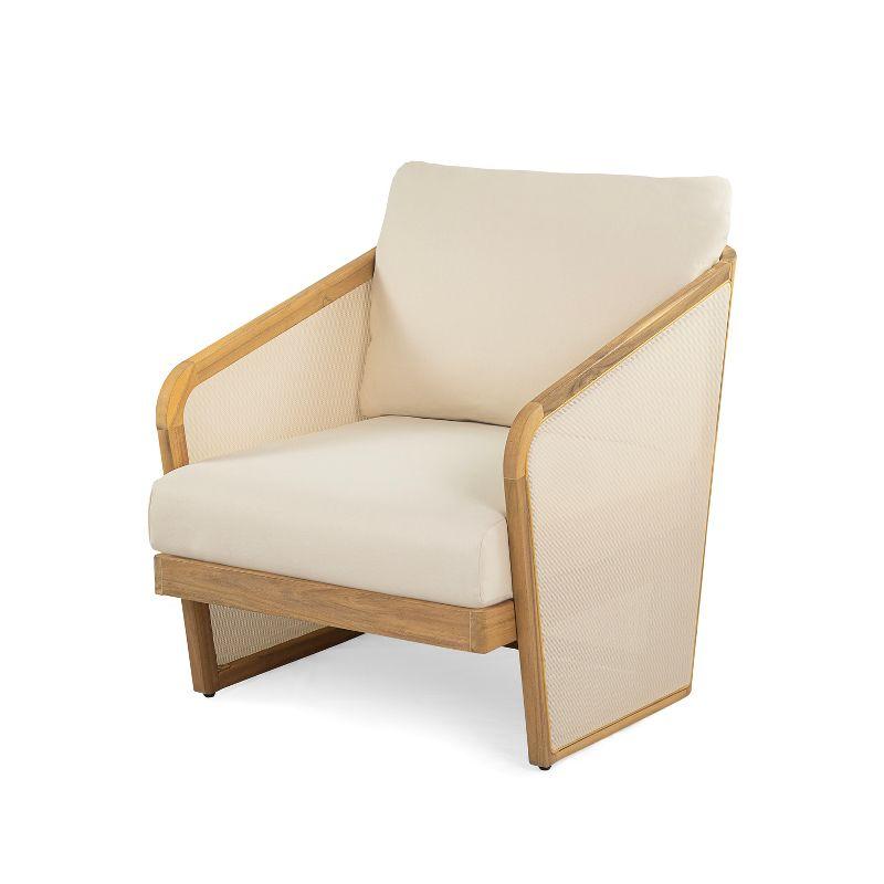 Teak Finish Acacia Wood Patio Lounge Chair with Beige Cushions