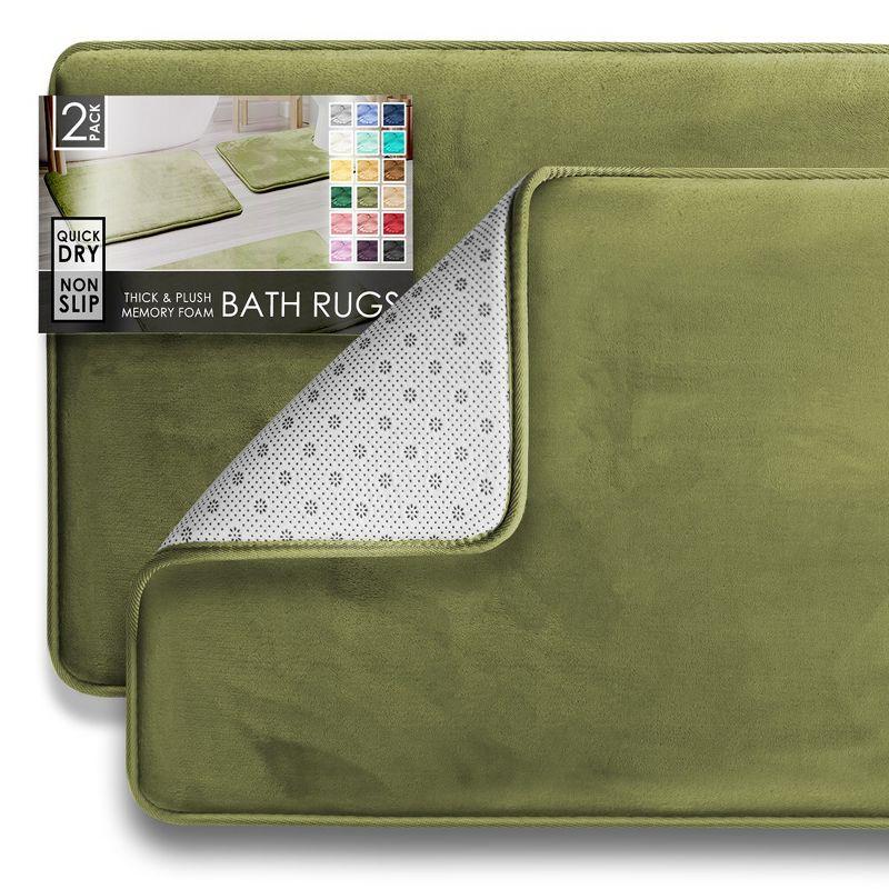 Hearth & Harbor 2 Piece Bathroom Rugs Bath Mat Set, Non-Slip Velvet Memory Foam Bath Mats, Sage Green