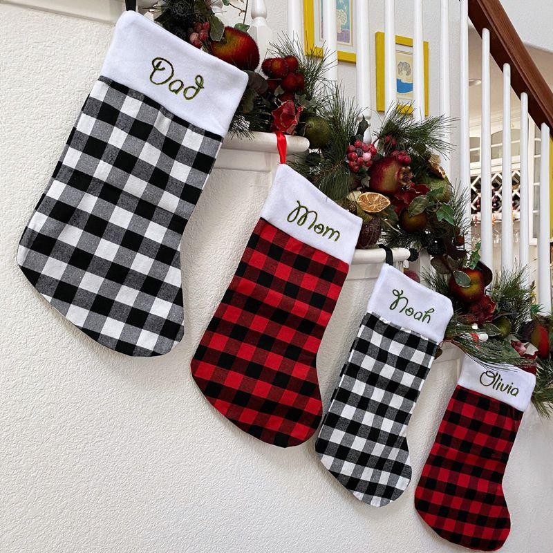 Wrapables Christmas Buffalo Plaid Stockings With Plush White Cuff, Hanging Fireplace Holiday Decoration (Set of 3), Black