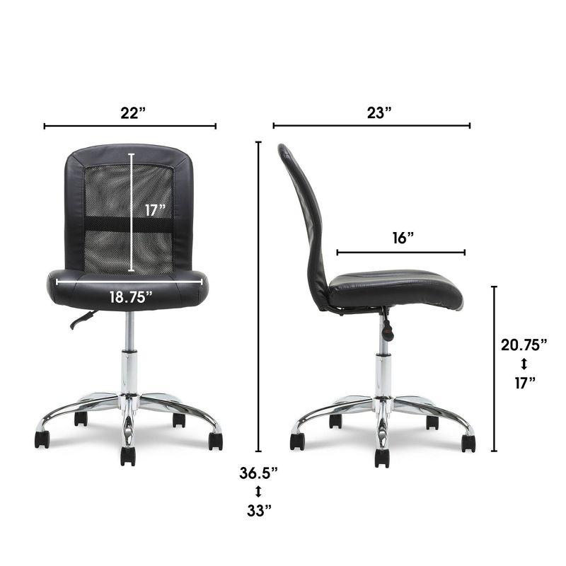 Sleek Black Faux Leather Armless Task Chair with Mesh Back