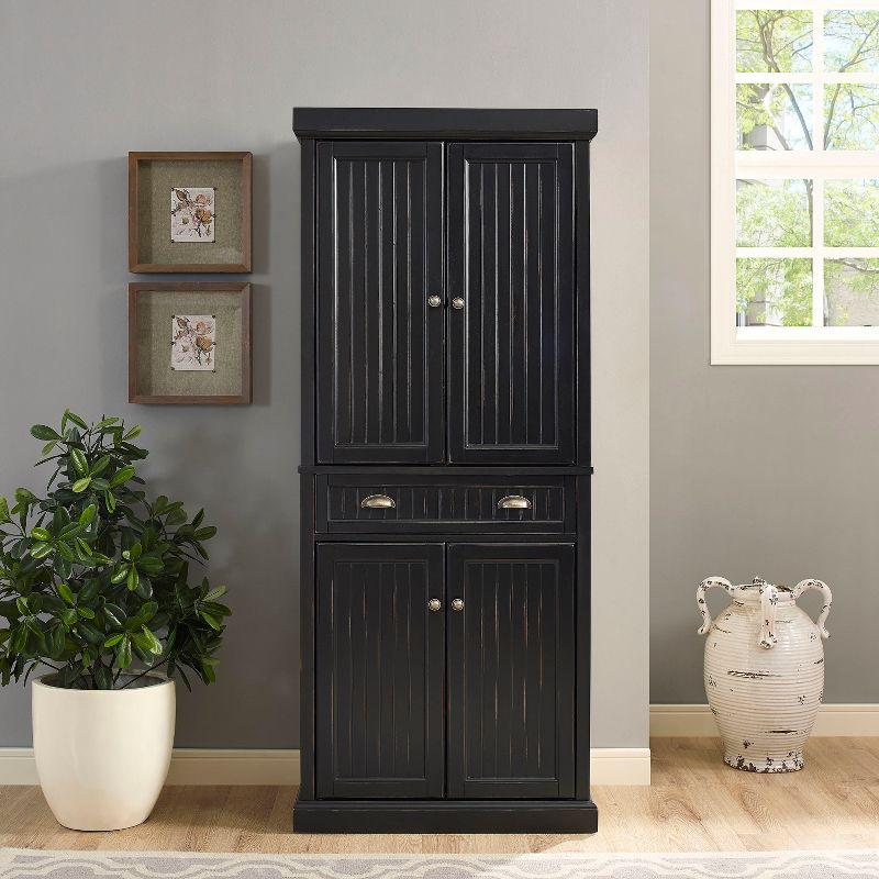 Seaside Distressed Black Solid Hardwood Coastal Pantry Cabinet