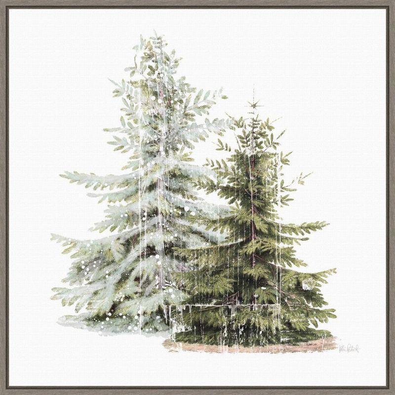 22" x 22" Vintage Wooded Holiday Trees in Snow Framed Wall Canvas Brown - Amanti Art