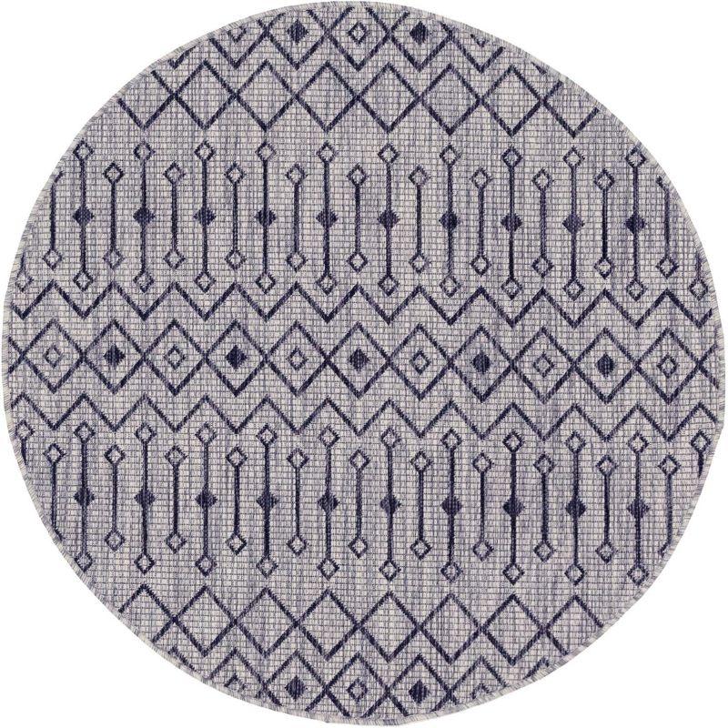 Round Light Gray and Blue Synthetic Outdoor Trellis Rug