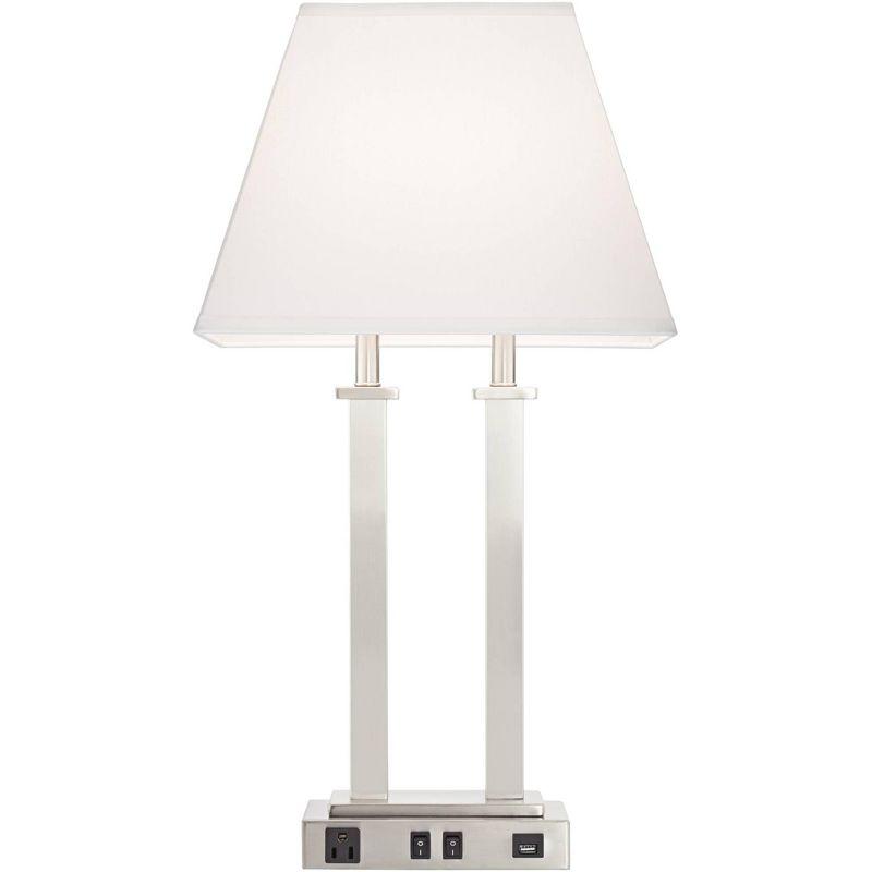 Possini Euro Design Amity Modern Table Lamp 26" High Brushed Nickel with USB and AC Power Outlet in Base White Linen Shade for Bedroom Bedside Desk